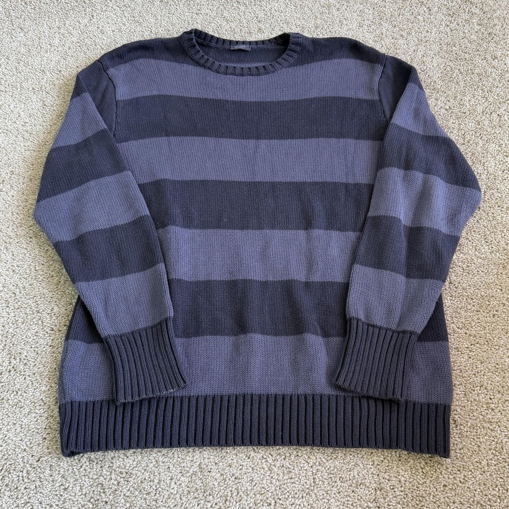 John Galt Sweater Womens M Blue Gray Striped Crew Neck Cotton Knit Pullover